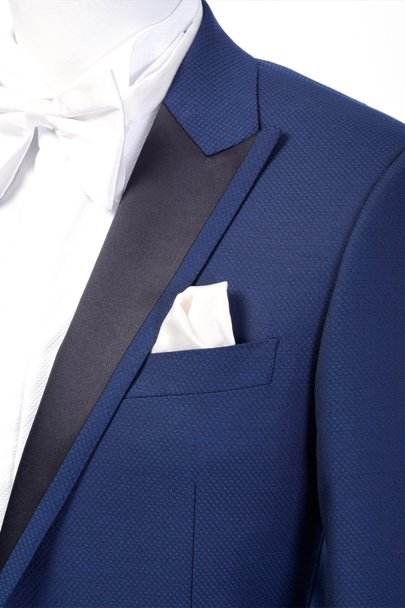 blue tuxedo with black lapel