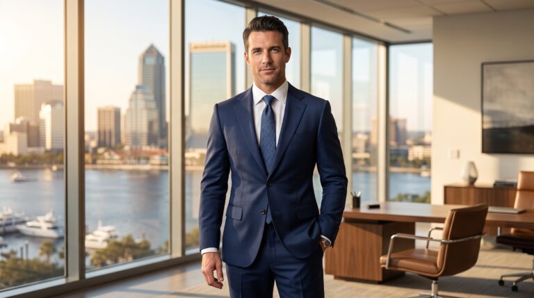 a man wearing a navy business suit standing in his office with the Jacksonville FL skyline visible in the background