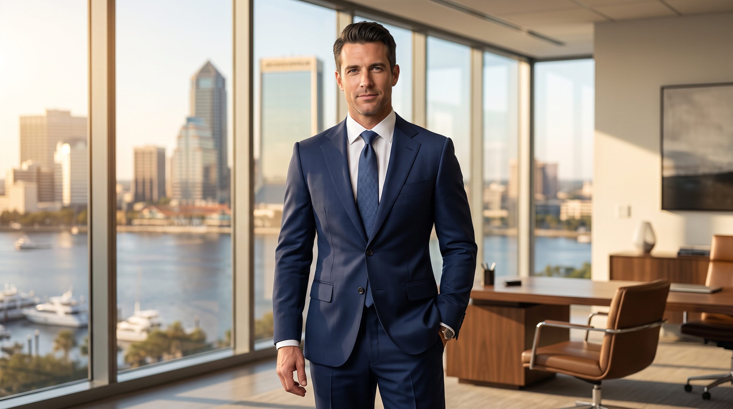 a man wearing a navy business suit standing in his office with the Jacksonville FL skyline visible in the background