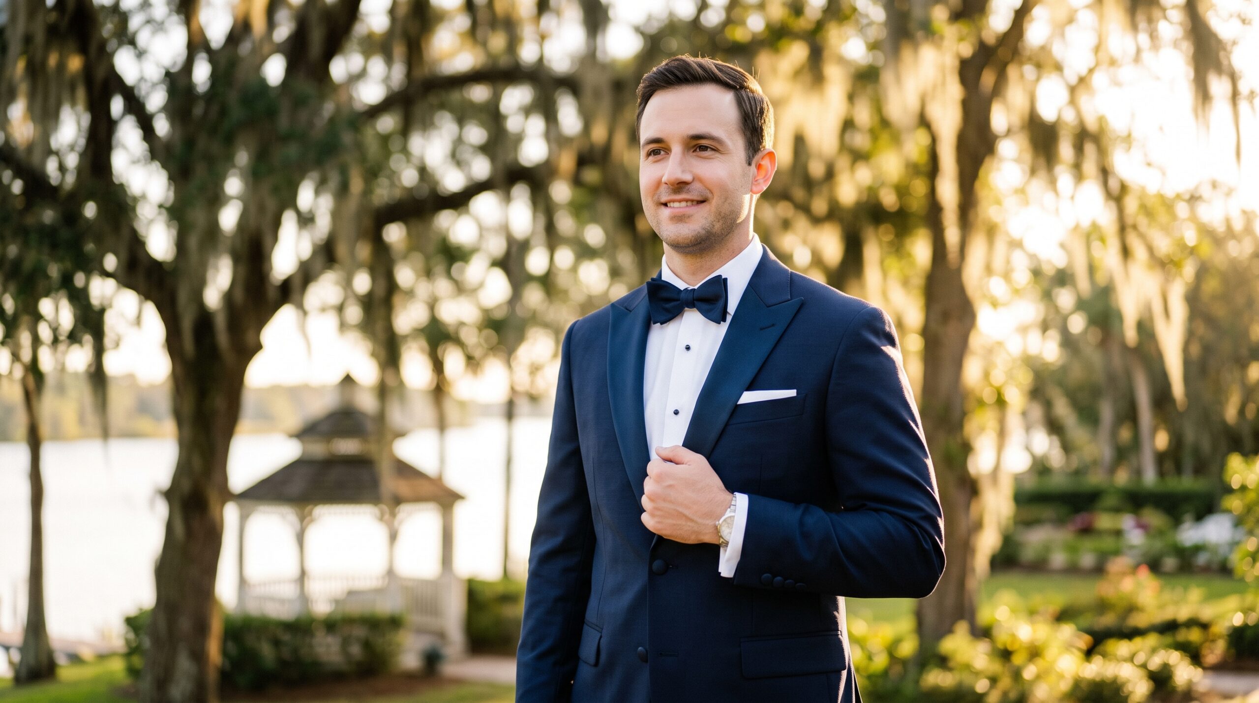 groom wearing a navy tuxedo standing outside in Florida during golden hour