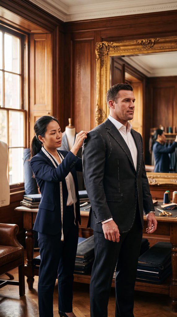 master tailor measuring a big and tall athletic build man for a bespoke suit in a luxury menswear showroom
