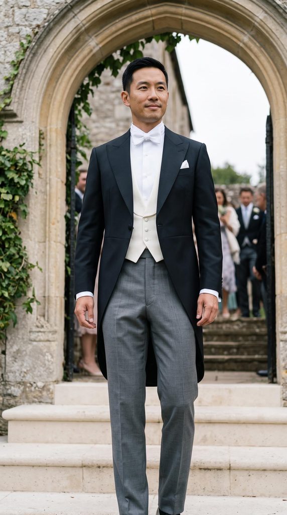 Man in a custom tailcoat tuxedo at an elegant holiday party in Jacksonville, FL