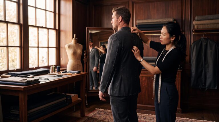 master tailor measuring a big and tall athletic build man for a bespoke suit in a luxury menswear showroom