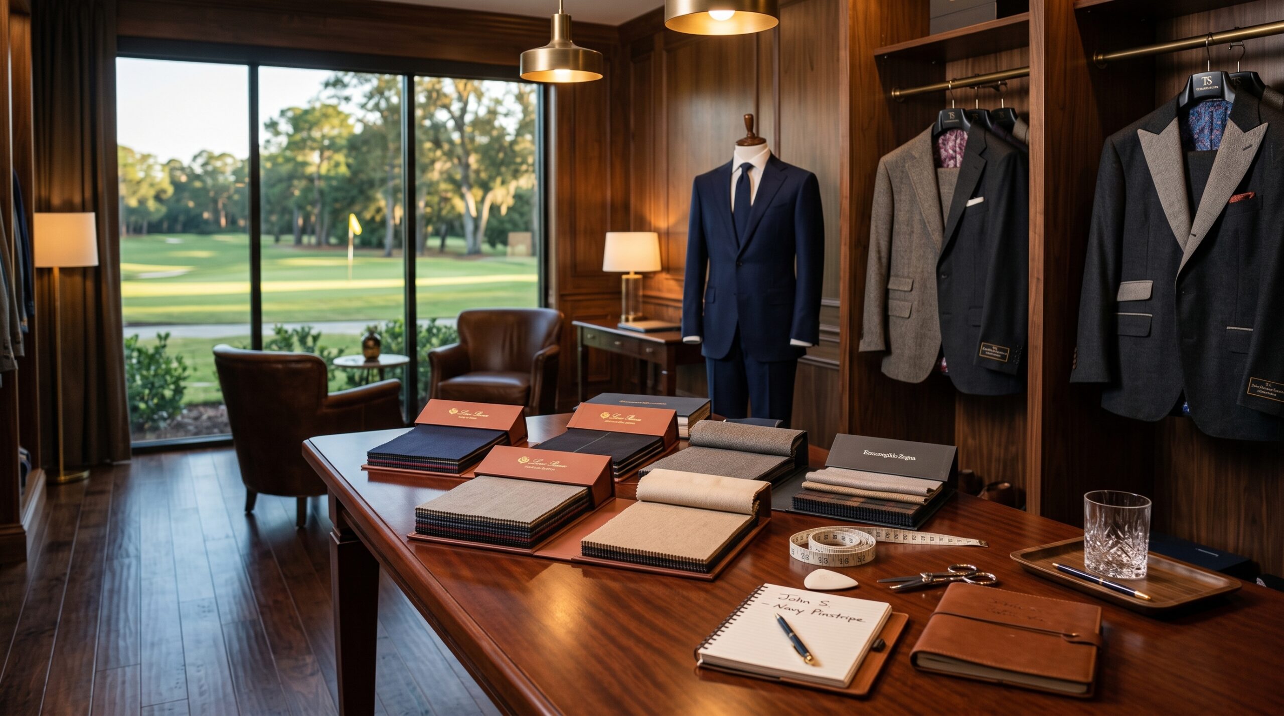 showing the inside of a luxury menswear store on a Florida golf course, depicting the showroom for TS Custom Suits in Jacksonville FL