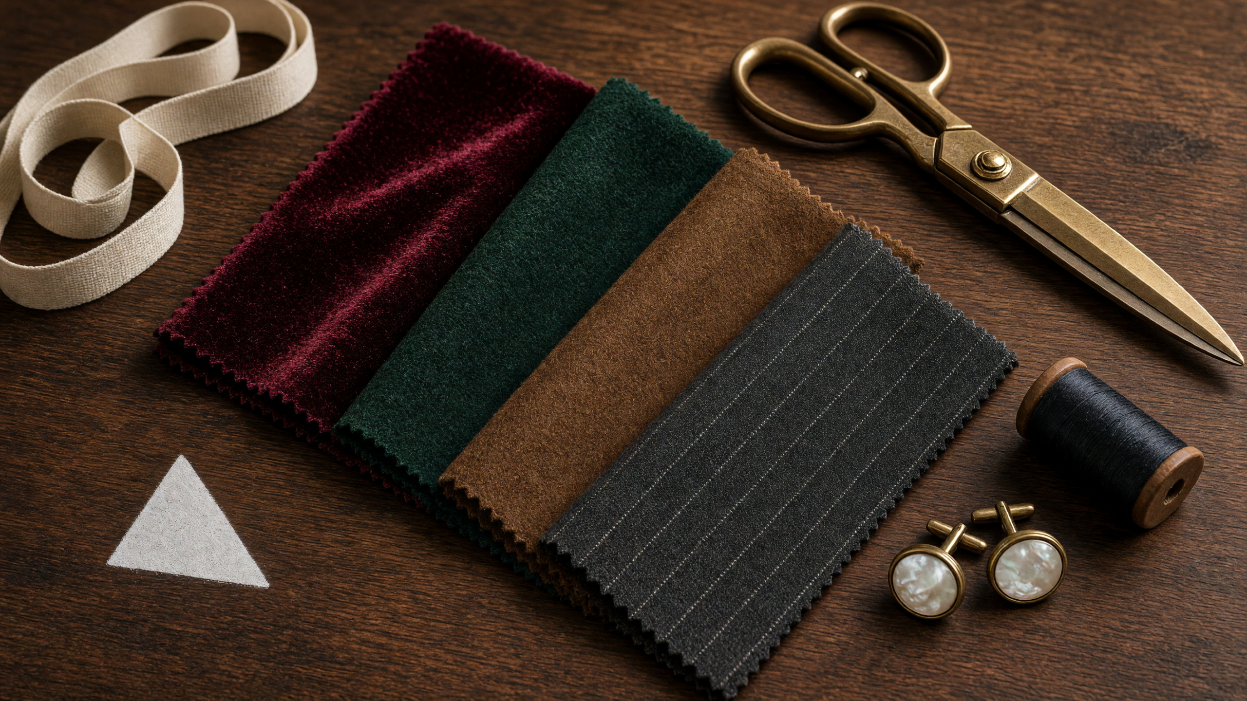 Fall and winter suiting fabric swatches in burgundy velvet, emerald wool, brown camel hair, and charcoal pinstripe.