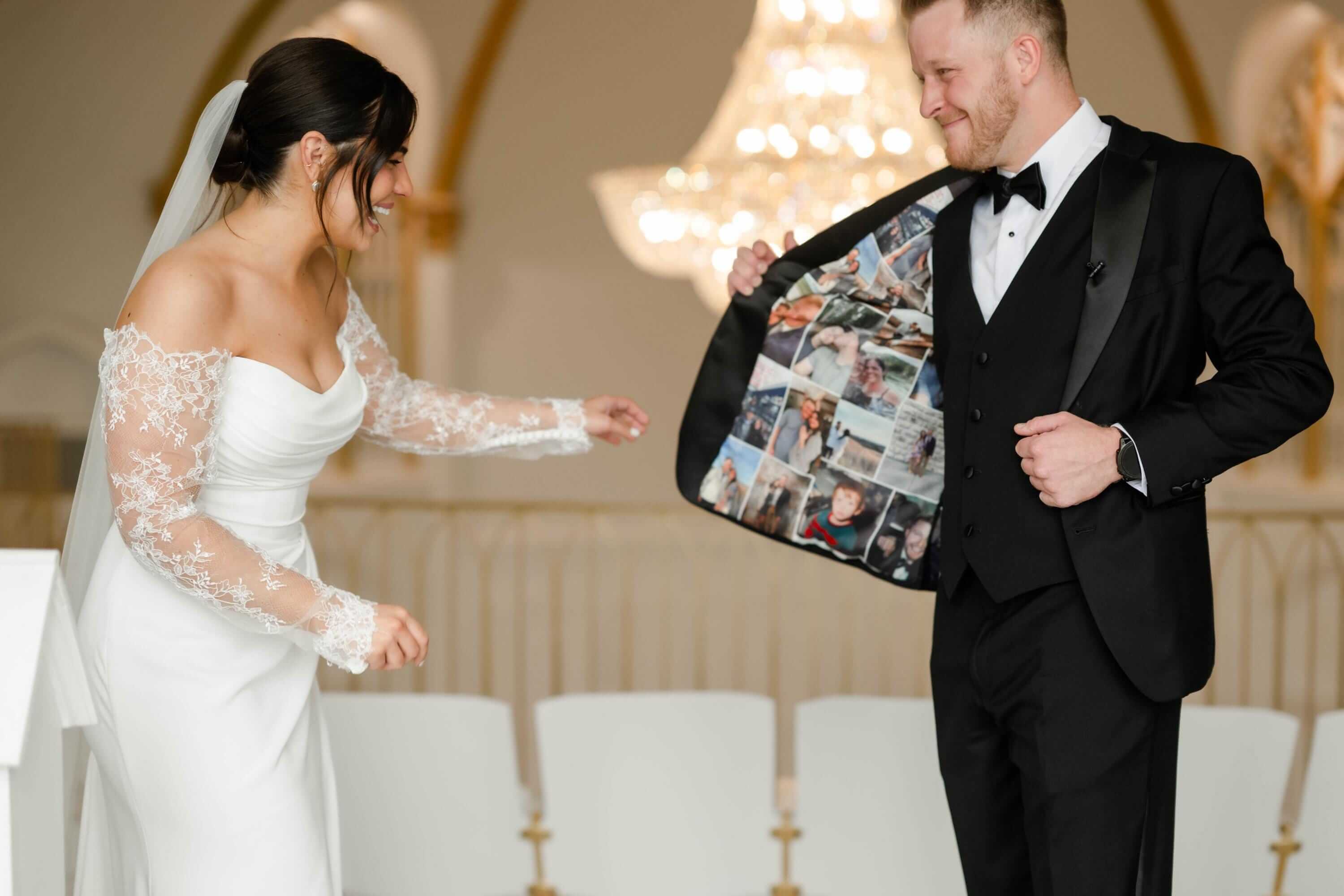 Bride and groom with bespoke tuxedo and custom lining
