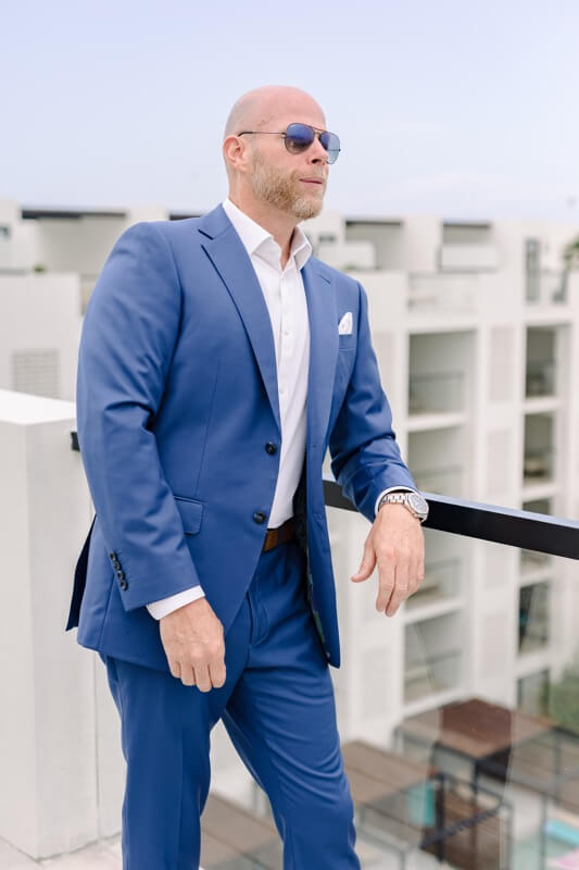 Custom blue suit — casual luxury